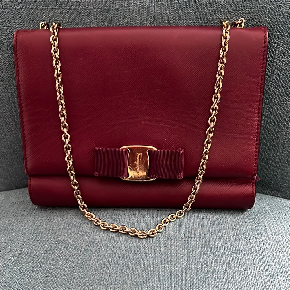Salvatore Ferragamo Burgundy and Gold Crossbody Bag with Chain 2022 EUC